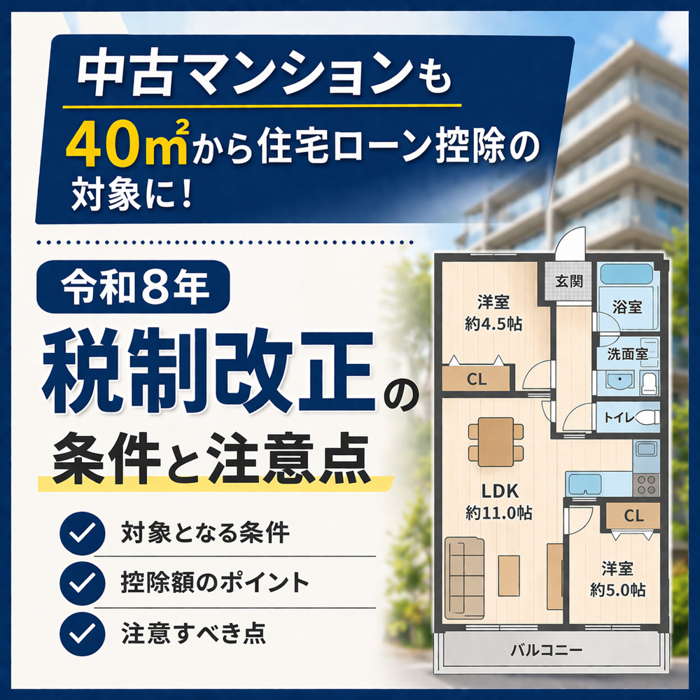 中古マンションも40㎡から住宅ローン控除の対象に！令和8年税制改正の条件と注意点の画像