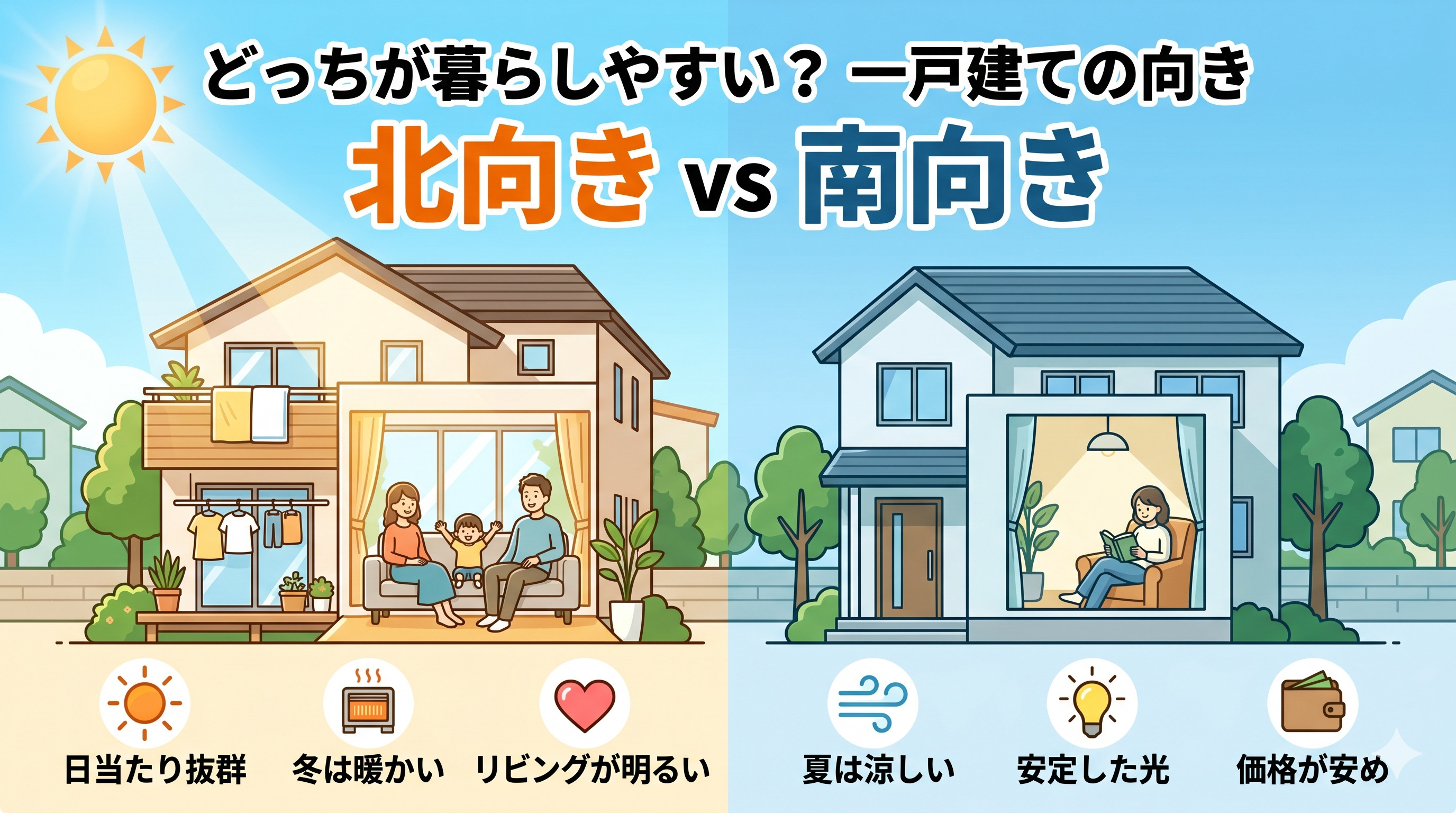一戸建ての向きはどちらが暮らしやすい？北向き南向きの比較ポイントを解説の画像