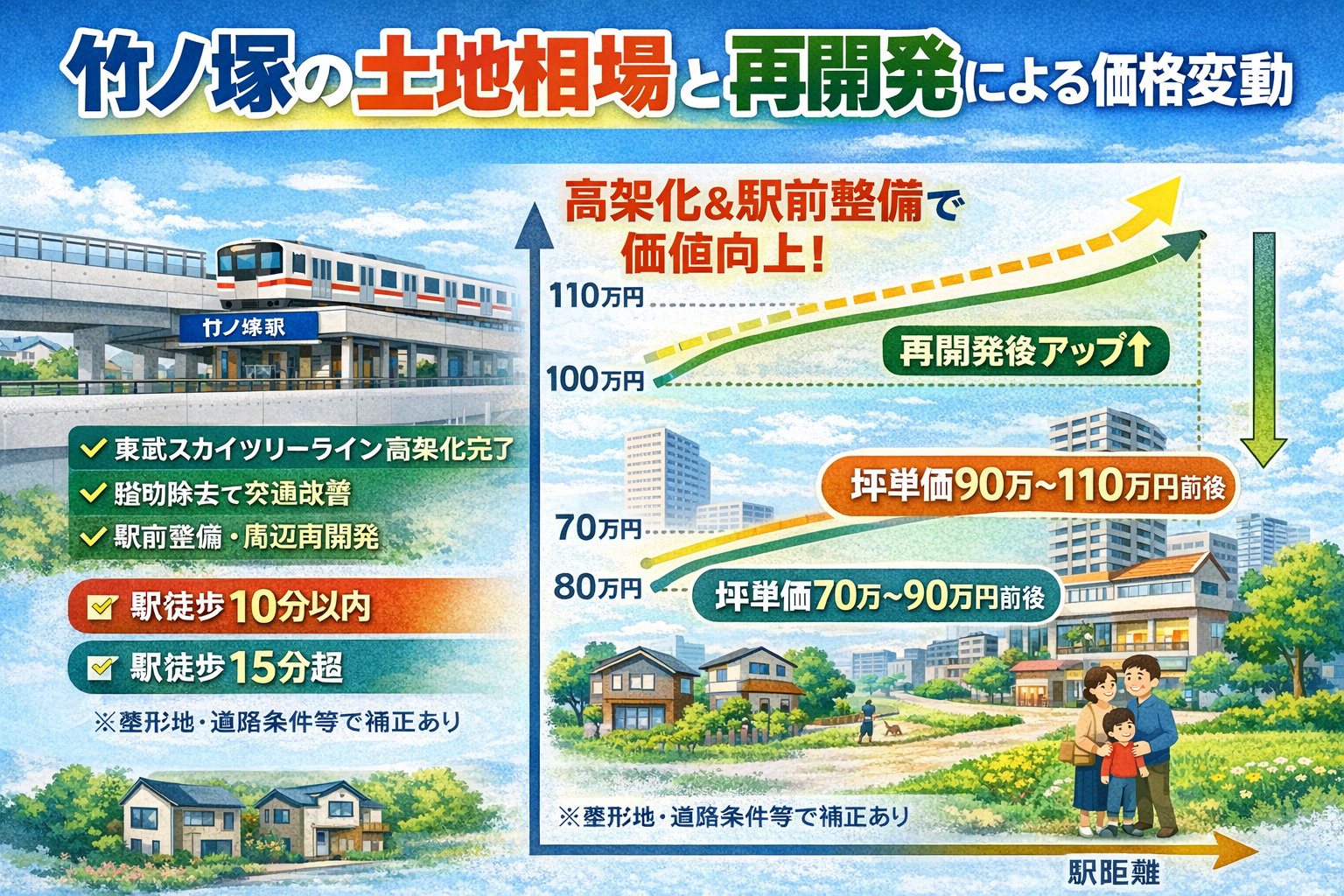 竹ノ塚の土地相場と再開発による価格変動イメージ図