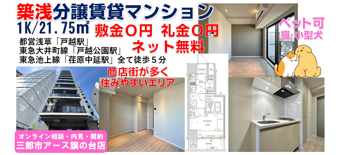 【敷礼0円×ペット可】築浅の分譲賃貸マンション1K｜品川区東中延・戸越駅の画像