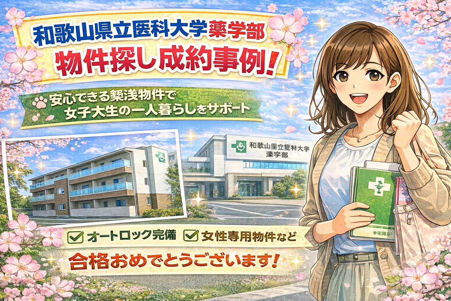 和歌山県立医科大学薬学部の推薦入試前日にお部屋探し！女子大生の一人暮らしに安心な築浅物件をご契約の画像