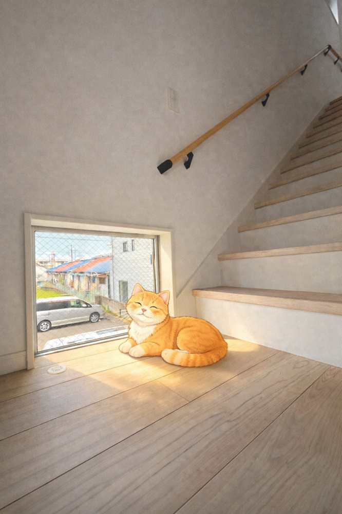 【近日公開】大型ガレージとやさしい光、猫と家族が心地よくつながる家の画像