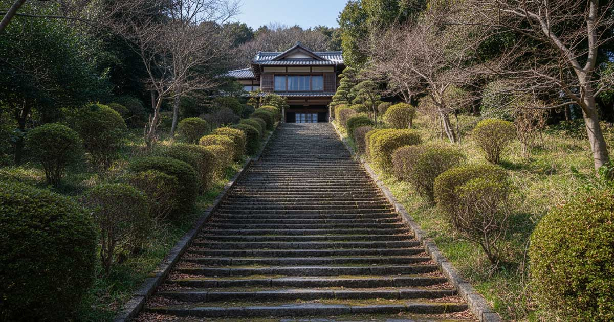 西宮山手エリアの立派な戸建て住宅へ続く長い階段。シニアにとっての負担を連想させる風景