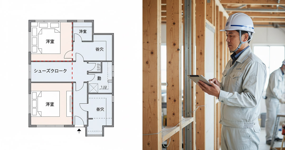 玄関横の洋室の一部を削って新設されたシューズクロークの間取り図解と、実際の施工写真