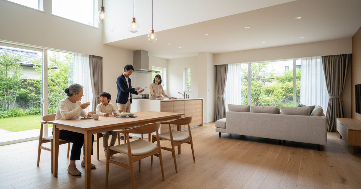 適度な距離感を保ちながら、三世代が集まれる明るい共有リビング・ダイニングの風景