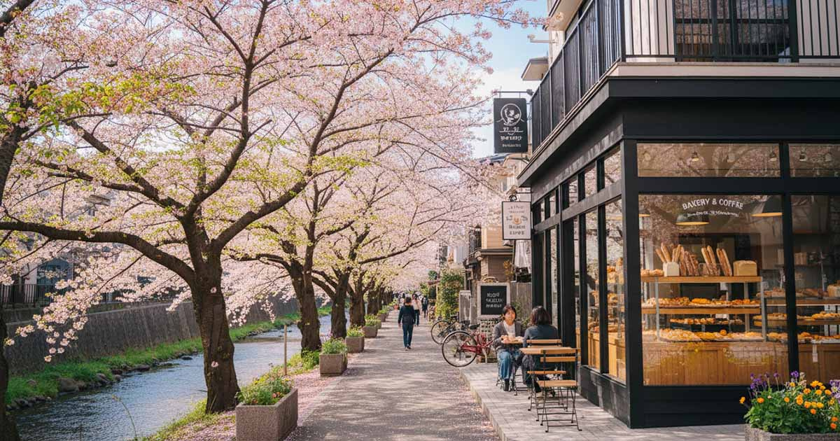 夙川公園の美しい桜並木と、その近くにある洗練されたベーカリーの風景