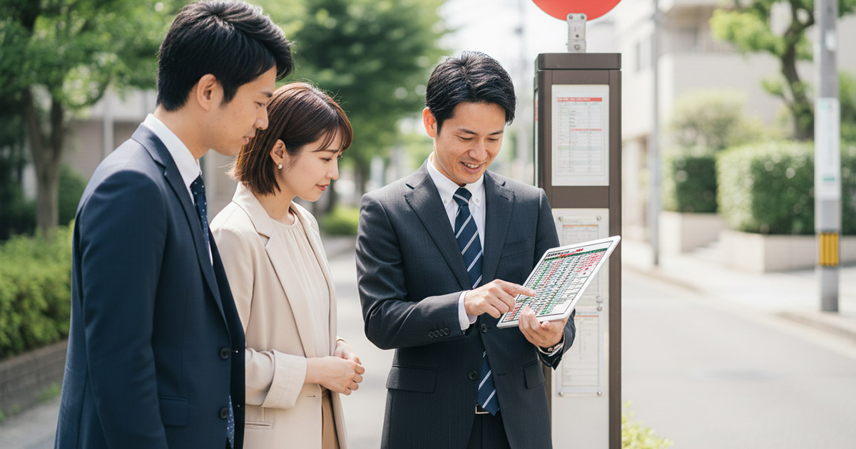 バス停の時刻表を確認しながら、通勤のシミュレーションをしている不動産エージェントと顧客