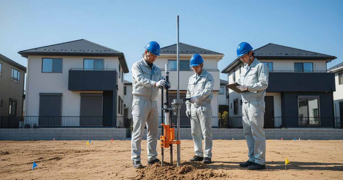 戸建ての建築予定地で、専用の機械を使って地盤調査（スウェーデン式サウンディング試験など）を行っている風景