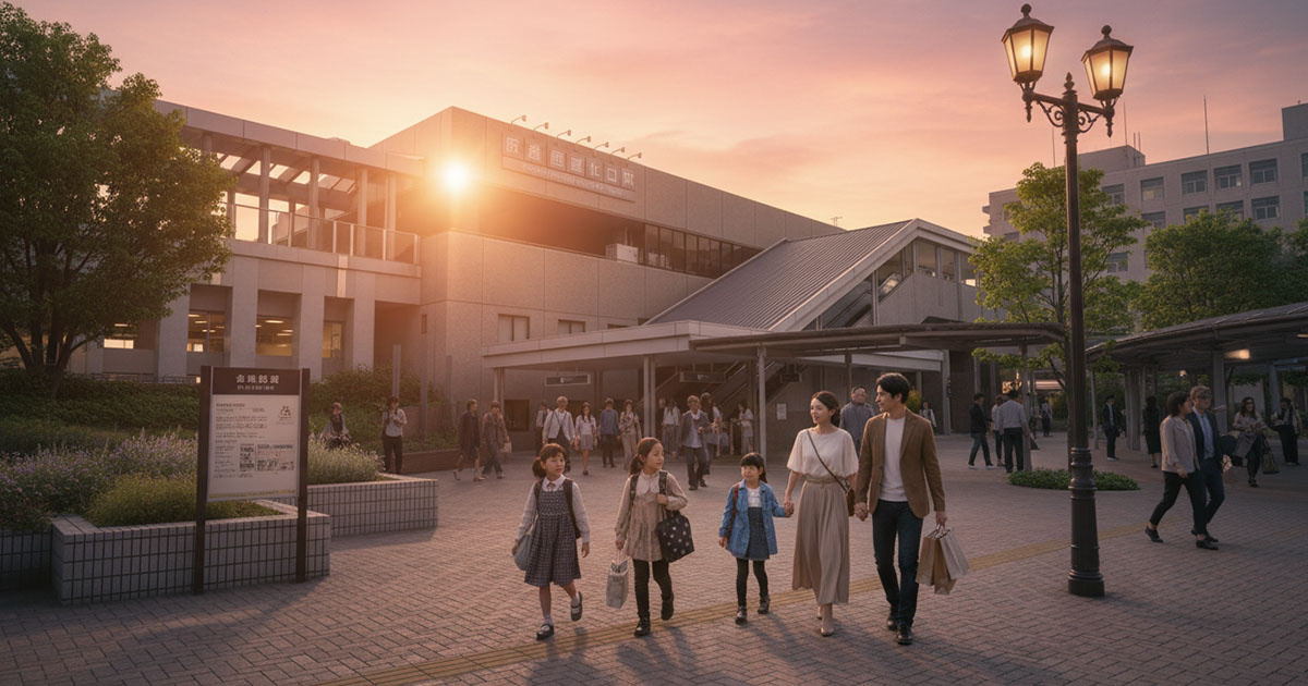 夕暮れ時の西宮北口駅前。塾に向かう子供たちや買い物帰りの家族連れなど、実際の生活の息遣いを感じる風景