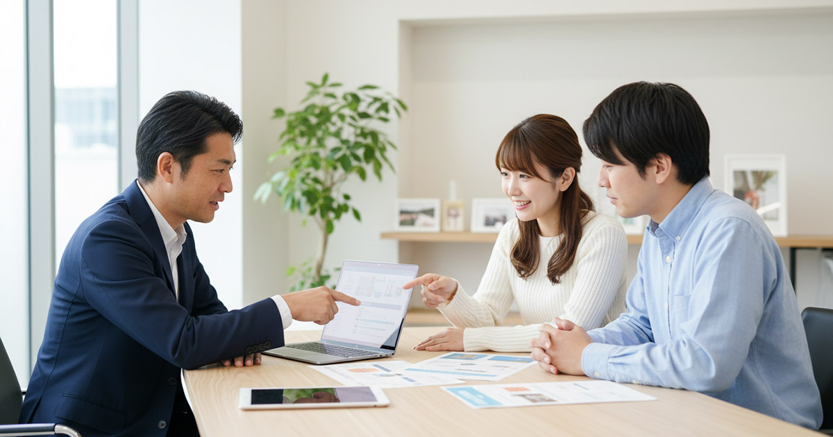 高翔のスタッフが、パソコンを見ながら顧客に補助金の申請手続きについてわかりやすくサポートしている様子
