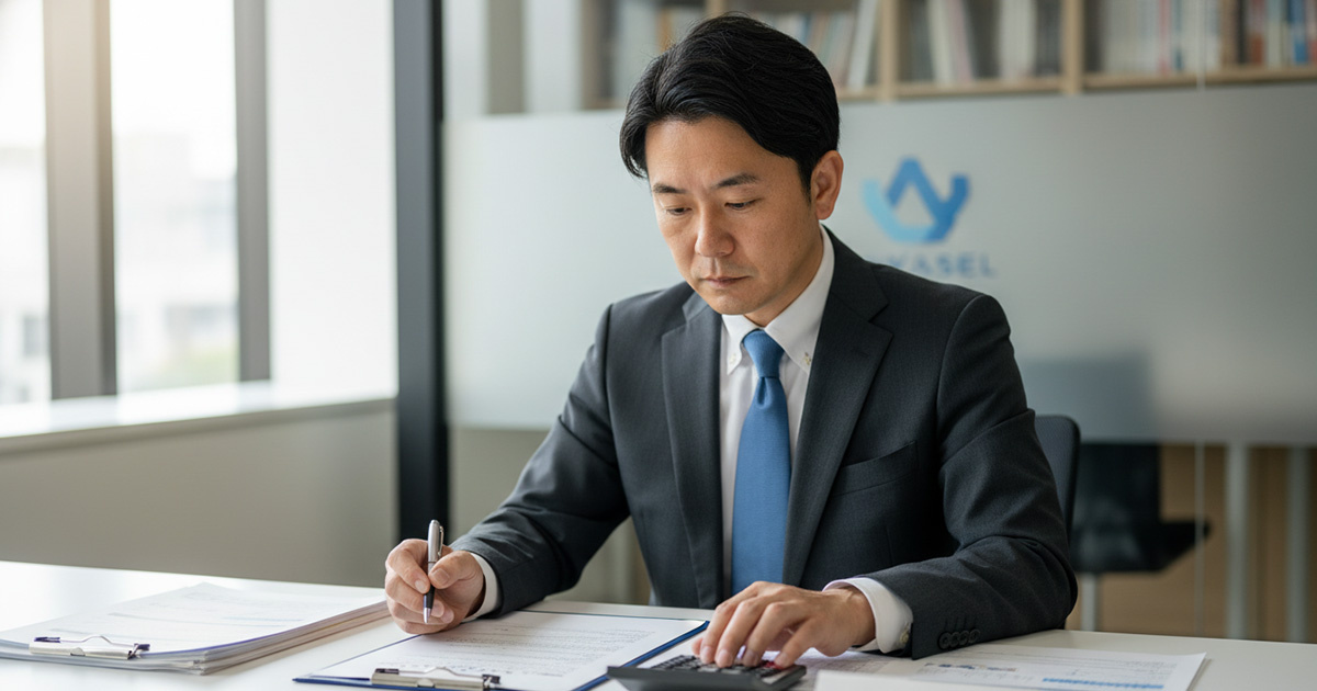 高翔バイセルの担当者が、中古マンションの重要事項調査報告書や長期修繕計画書を真剣に読み込んでいる様子