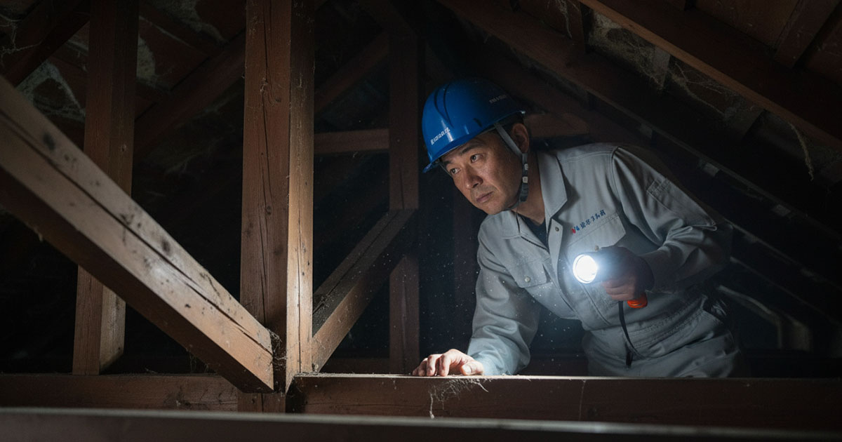 ヘルメットを被った高翔の建築士が、中古戸建ての天井裏や床下を覗き込んで耐震診断を行っている様子