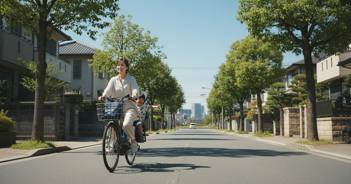 門戸厄神エリアの落ち着いた住宅街と、自転車で西宮北口方面へ向かう親子の風景