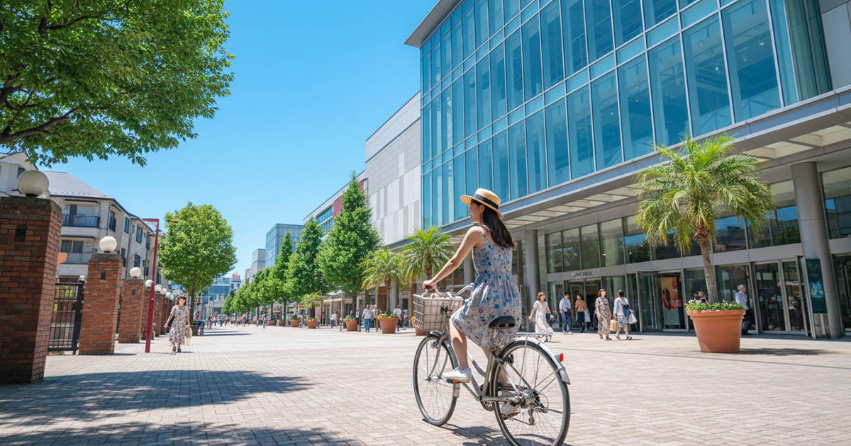 閑静な住宅街から、自転車に乗って数分で阪急西宮ガーデンズの入り口に到着するイメージ