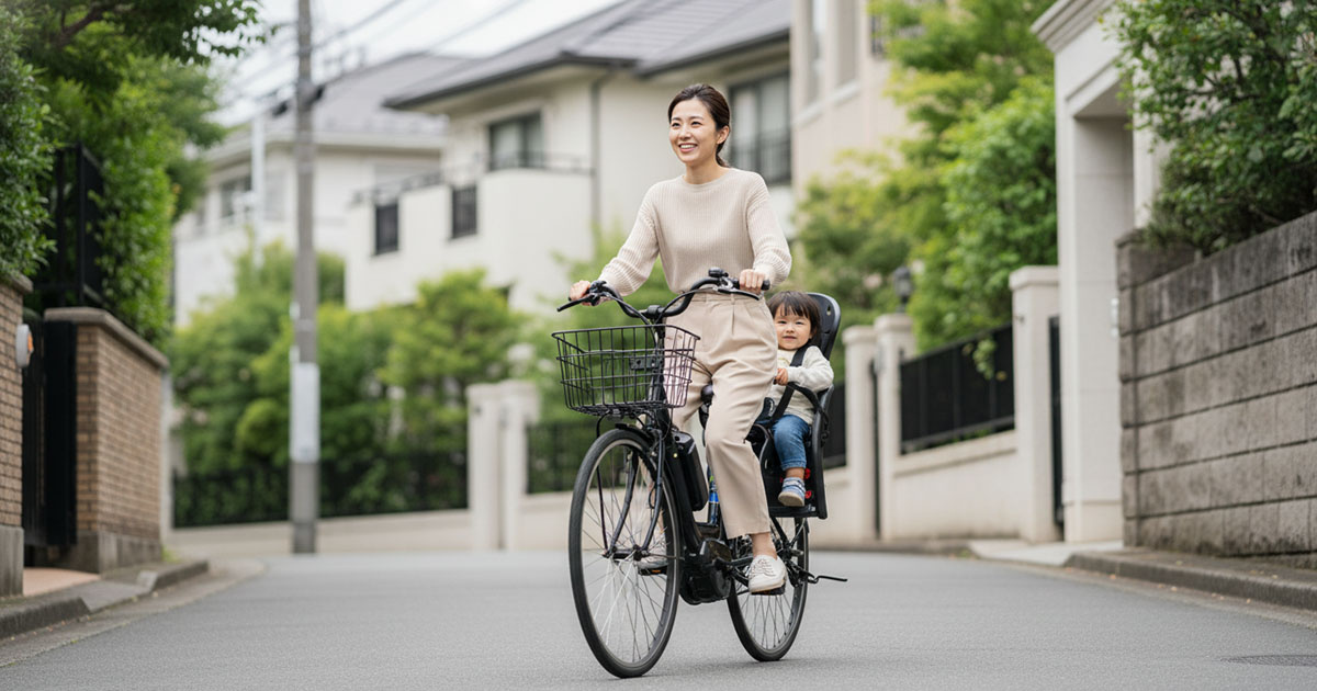 子供を乗せた電動アシスト自転車で、苦楽園の坂道を軽快に登っていく母親の姿
