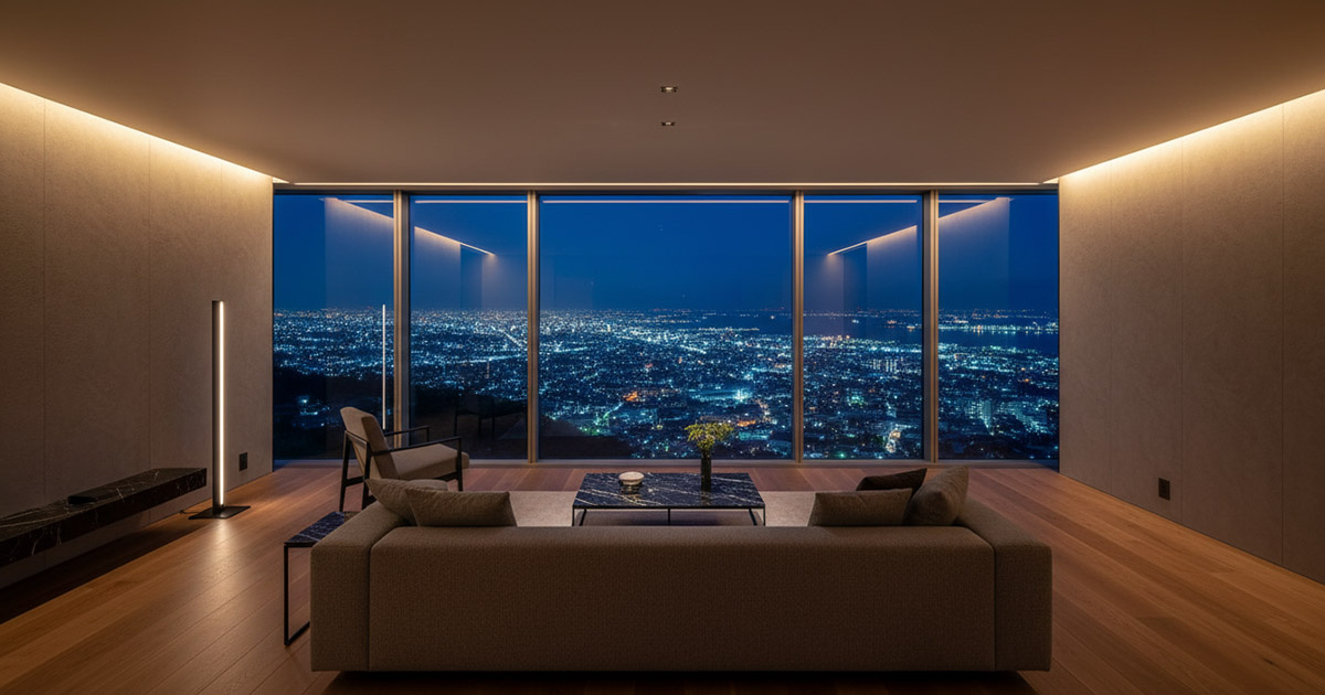 傾斜地に建つマンションの大きな窓から、大阪湾のパノラマビューが見渡せるモダンなリビング