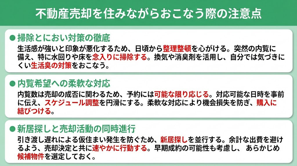 不動産売却を住みながらおこなう際の注意点