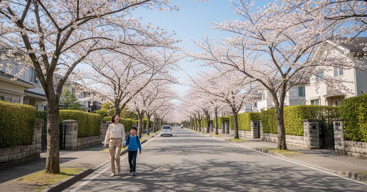 綺麗に整備された歩道と生垣が続く、甲東園周辺の落ち着いた住宅街の様子