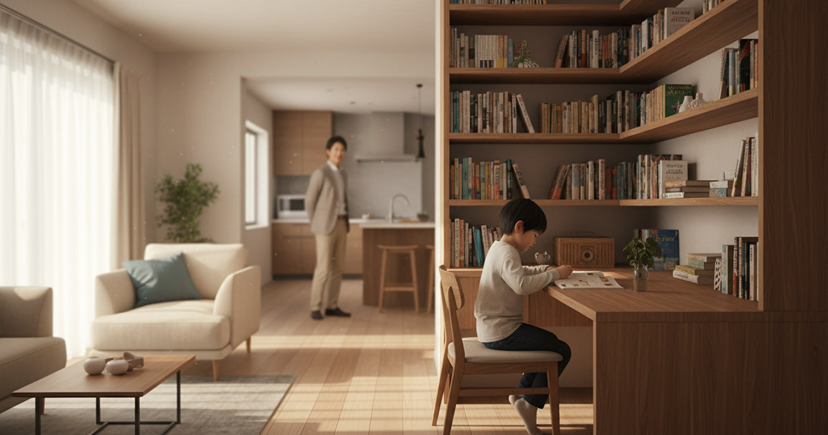 リビングの一角に設けられた造作のスタディスペースで、親が見守る中勉強する子供