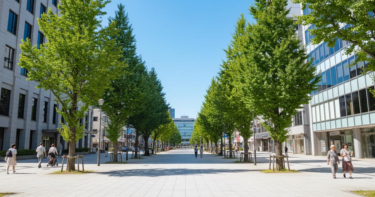 西宮市役所と周辺の並木道、フラットで歩きやすい駅南側の街並み