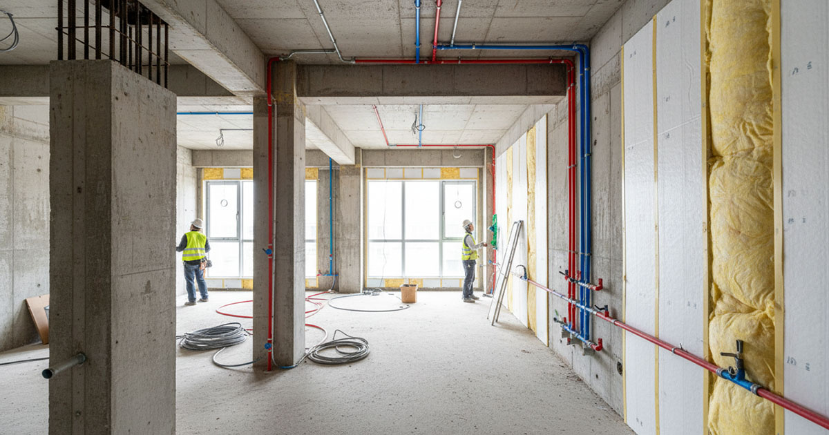 マンションの室内をコンクリートむき出しのスケルトン状態にし、新しい給排水管や断熱材を施工している工事現場