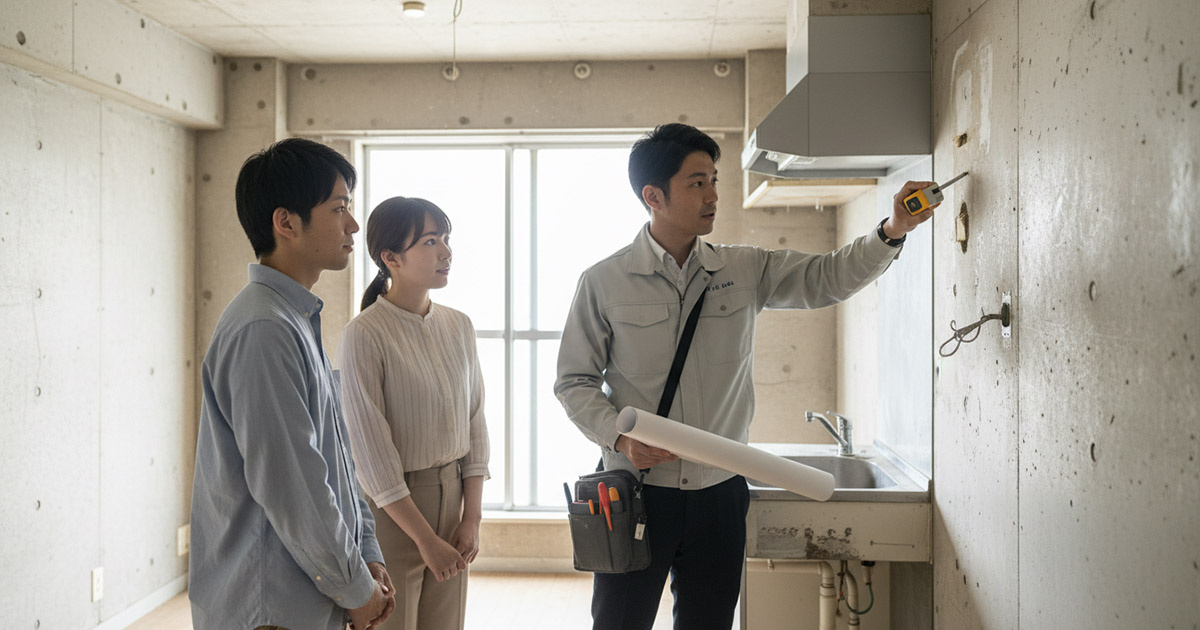 マンションの内覧時に、高翔の建築士が図面を見ながら構造壁や水回りの配管をチェックしている様子