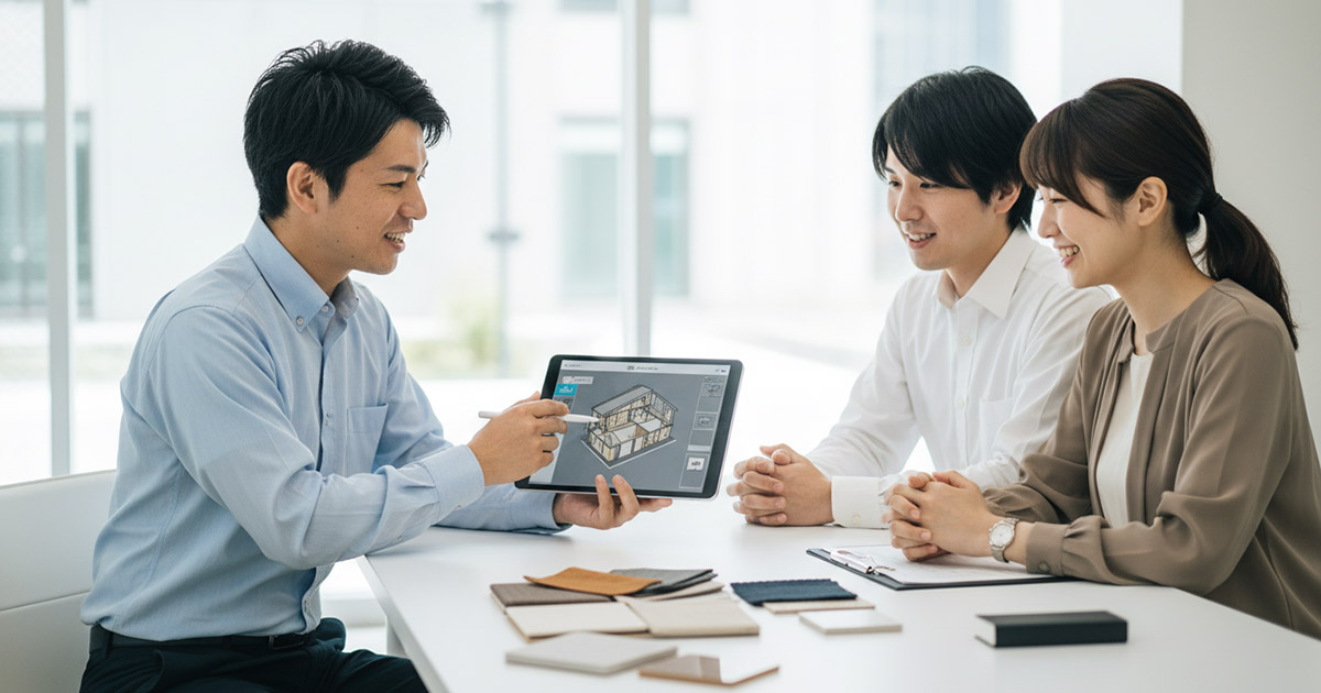 高翔バイセルのオフィスで、建築士が耐震診断の結果とリノベーションプランを顧客に説明している様子