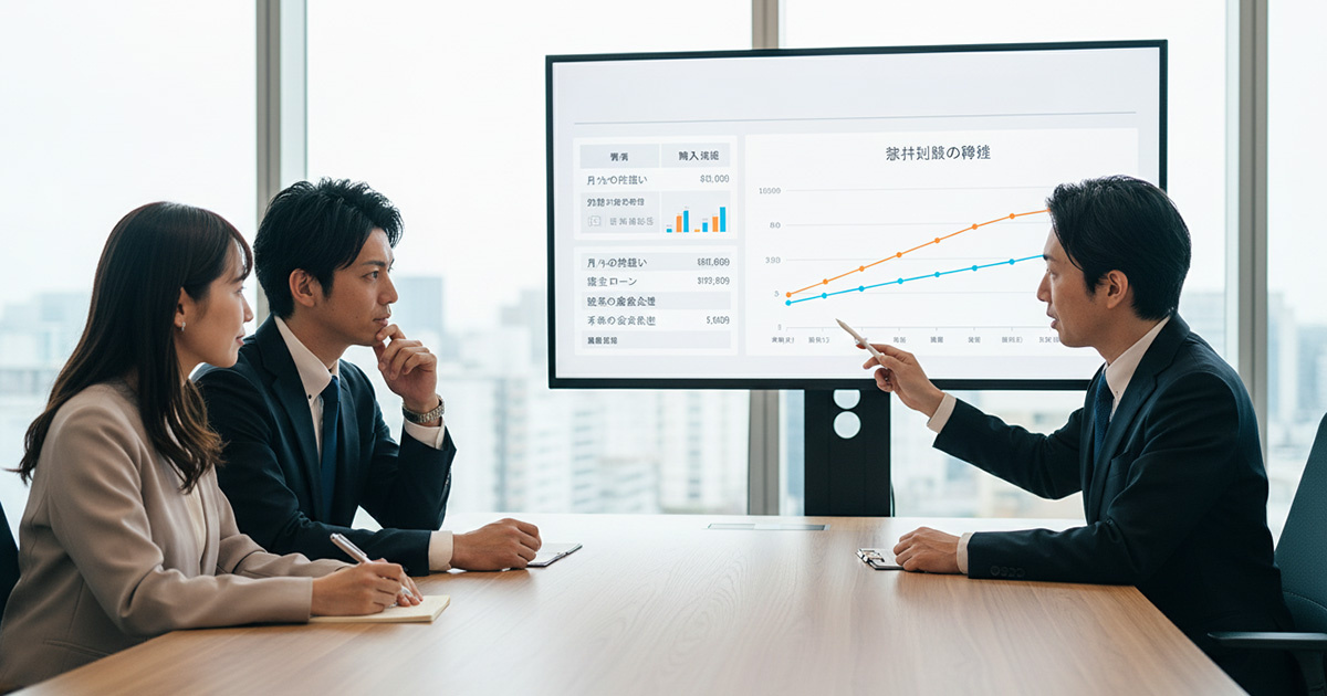 不動産会社のオフィスで、PC画面を見ながら賃貸と購入のシミュレーション比較をしている様子