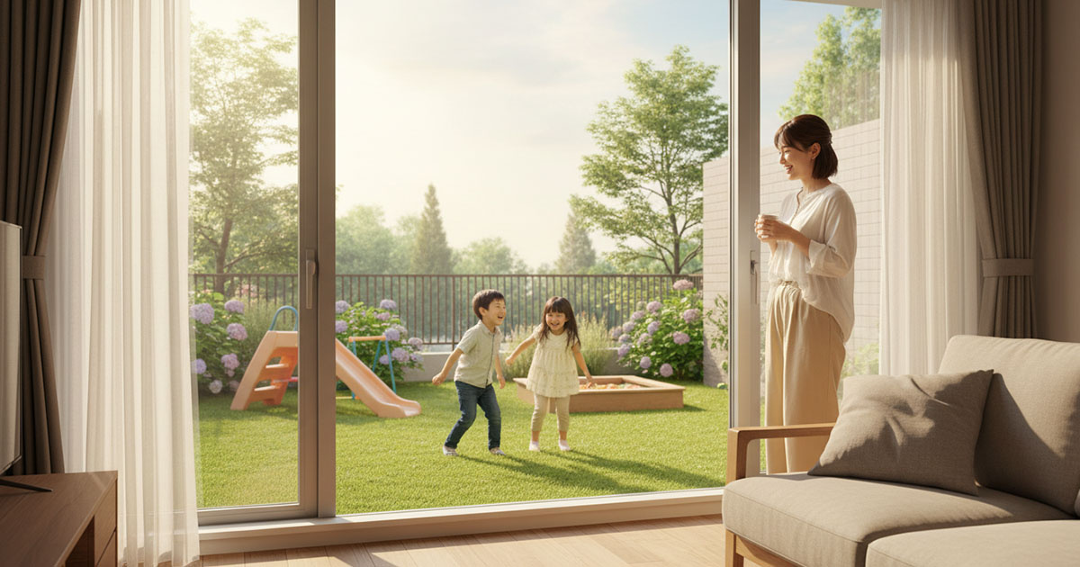マンションの1階住戸の専用庭で遊ぶ子供たちと、室内から見守る母親