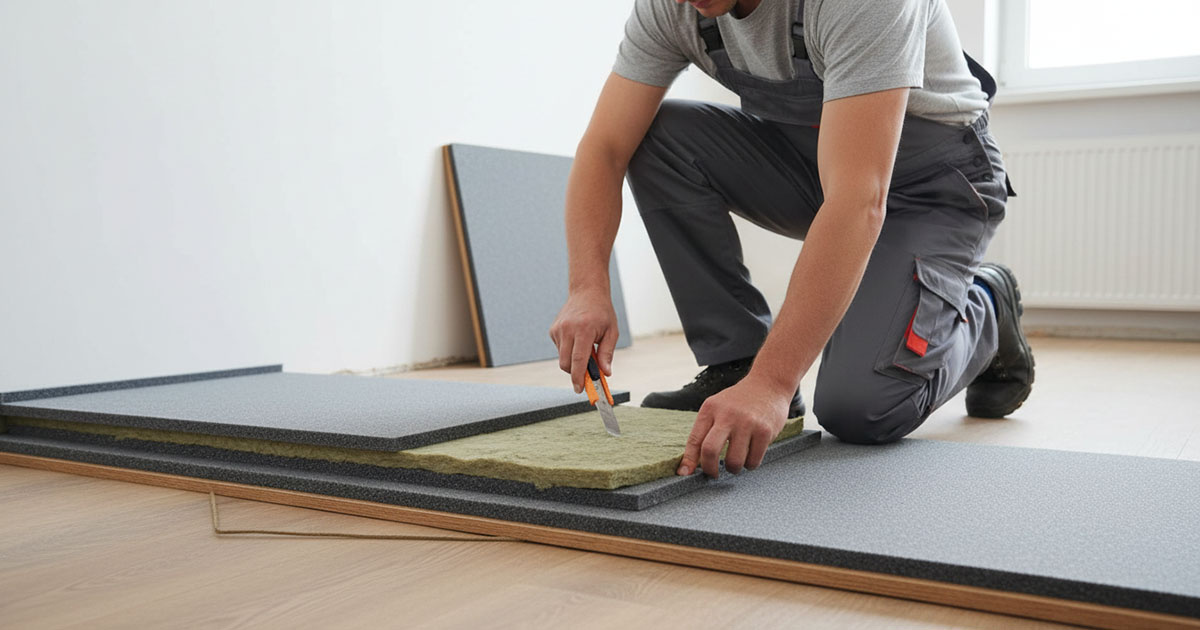 リノベーション工事で、フローリングの下に遮音マットや防音材を丁寧に施工している様子