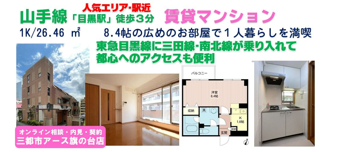【ルボラパン行人坂】賃貸マンション・広めの1K・山手線・東急目黒線・目黒駅