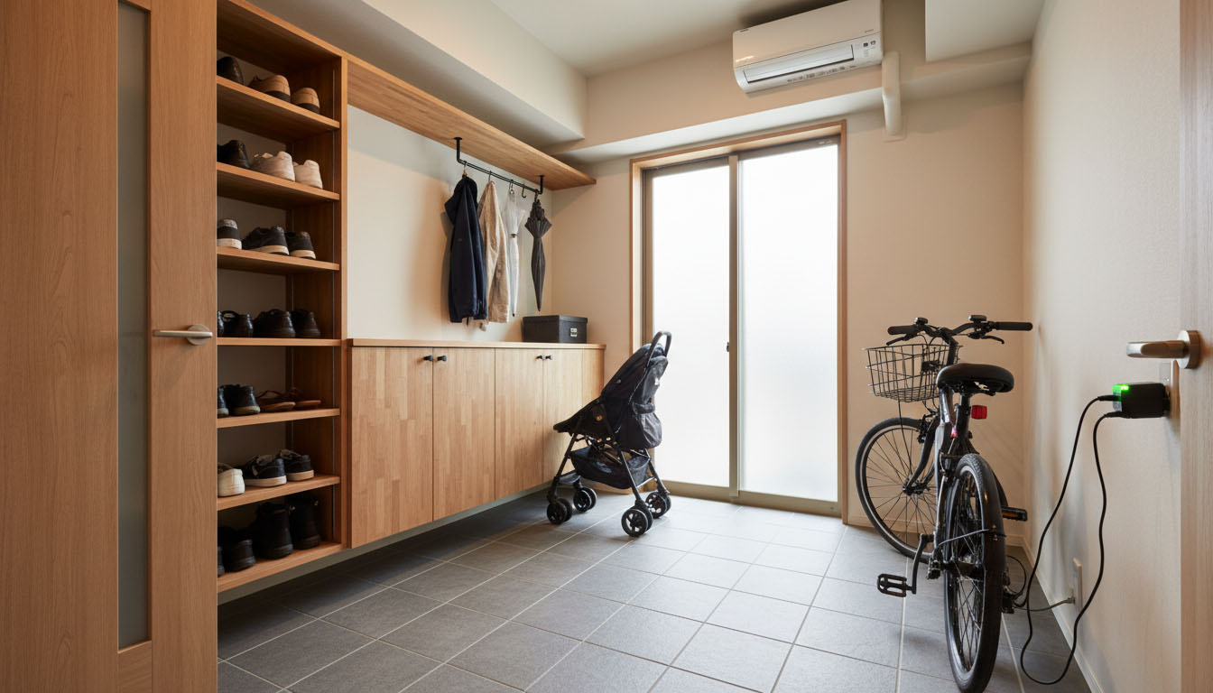 電動自転車のバッテリー充電や雨具の収納ができる広々とした玄関土間