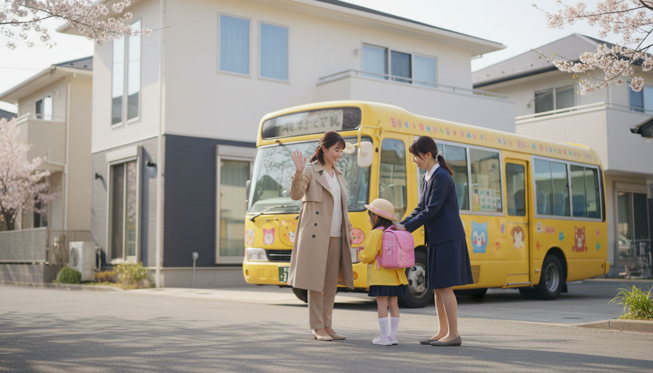 家の前まで迎えに来る幼稚園バスに乗り込む子供と見送る母親