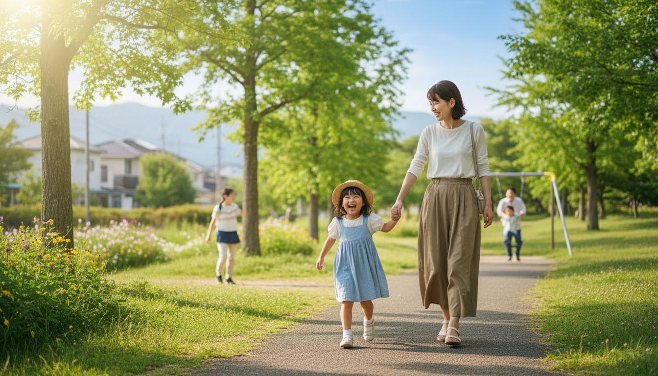 西宮市の緑豊かな公園で休日に子供と遊ぶ親子の姿