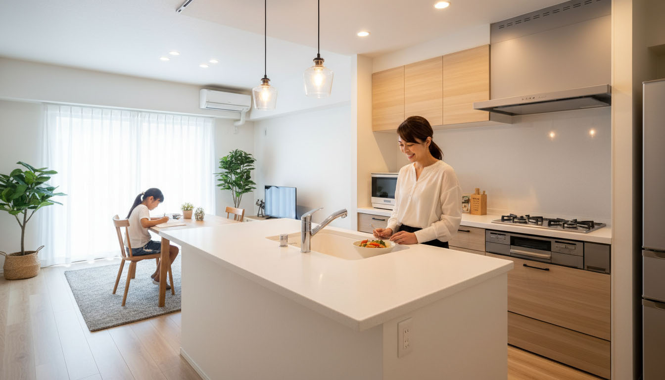 家事動線が良く子供を見守りやすいリノベーション済みの対面キッチン