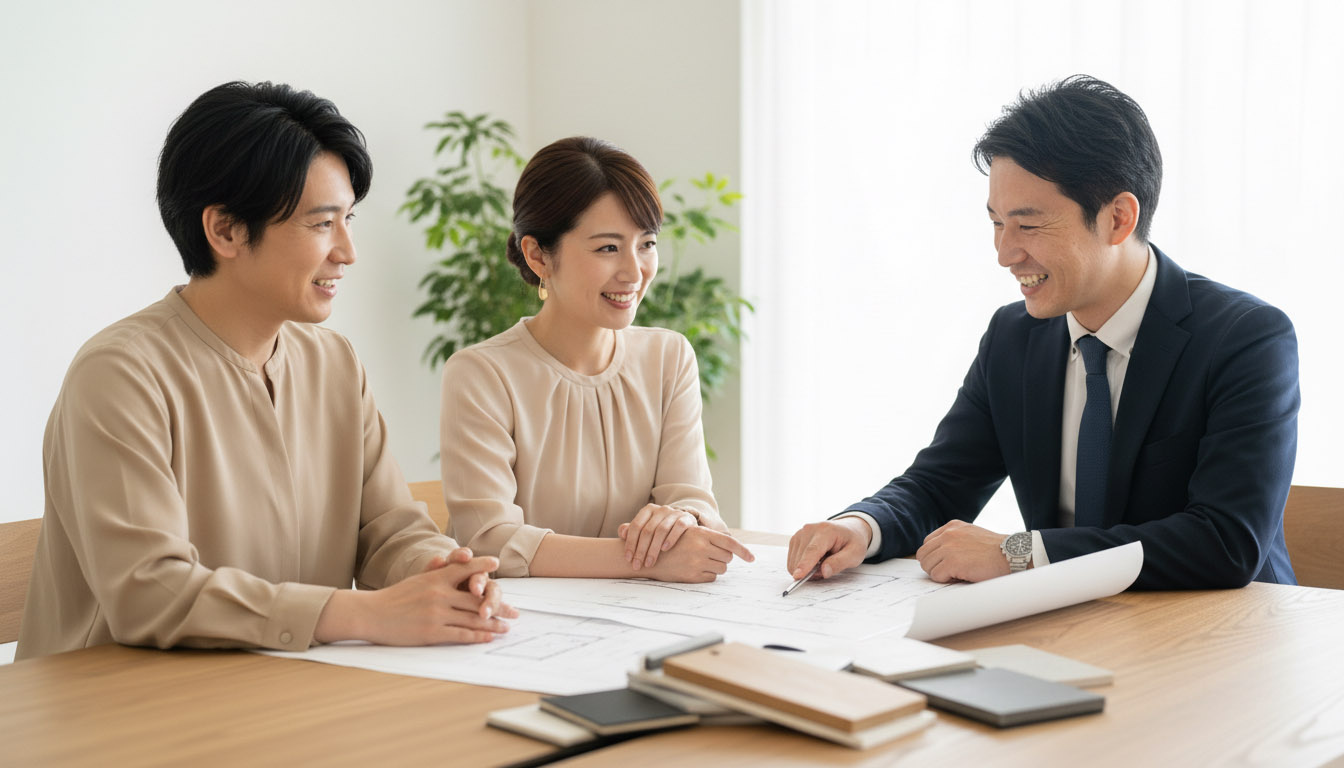 株式会社高翔の担当者とリノベーションの設計図を見ながら打ち合わせる様子