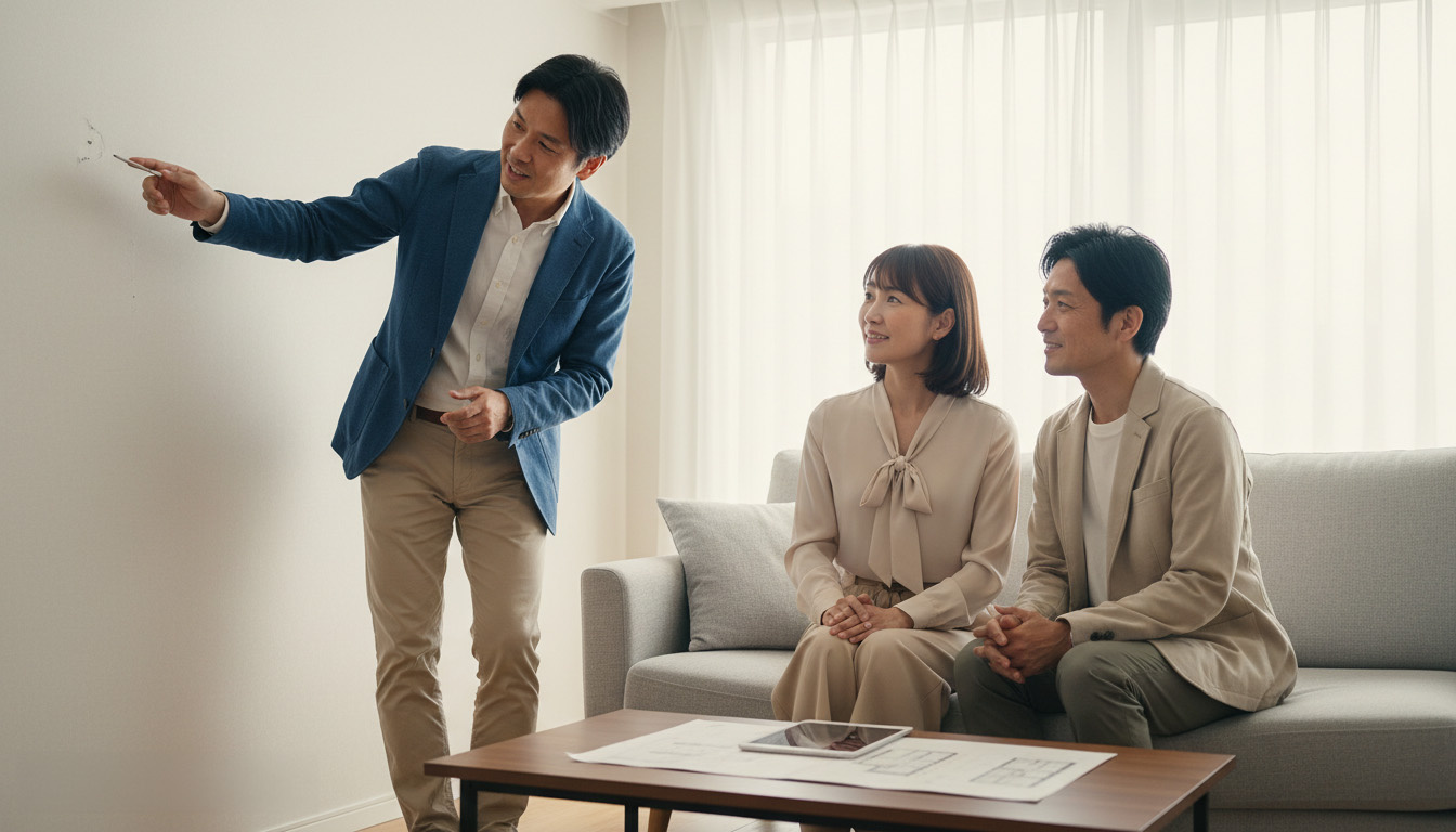 株式会社高翔の担当者と売主様がクロスの修繕について相談している様子