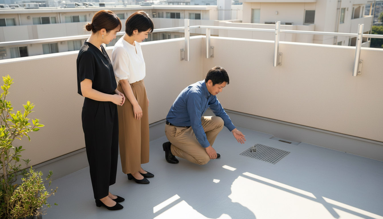 ルーフバルコニーの防水状態や排水溝をチェックする建築のプロ