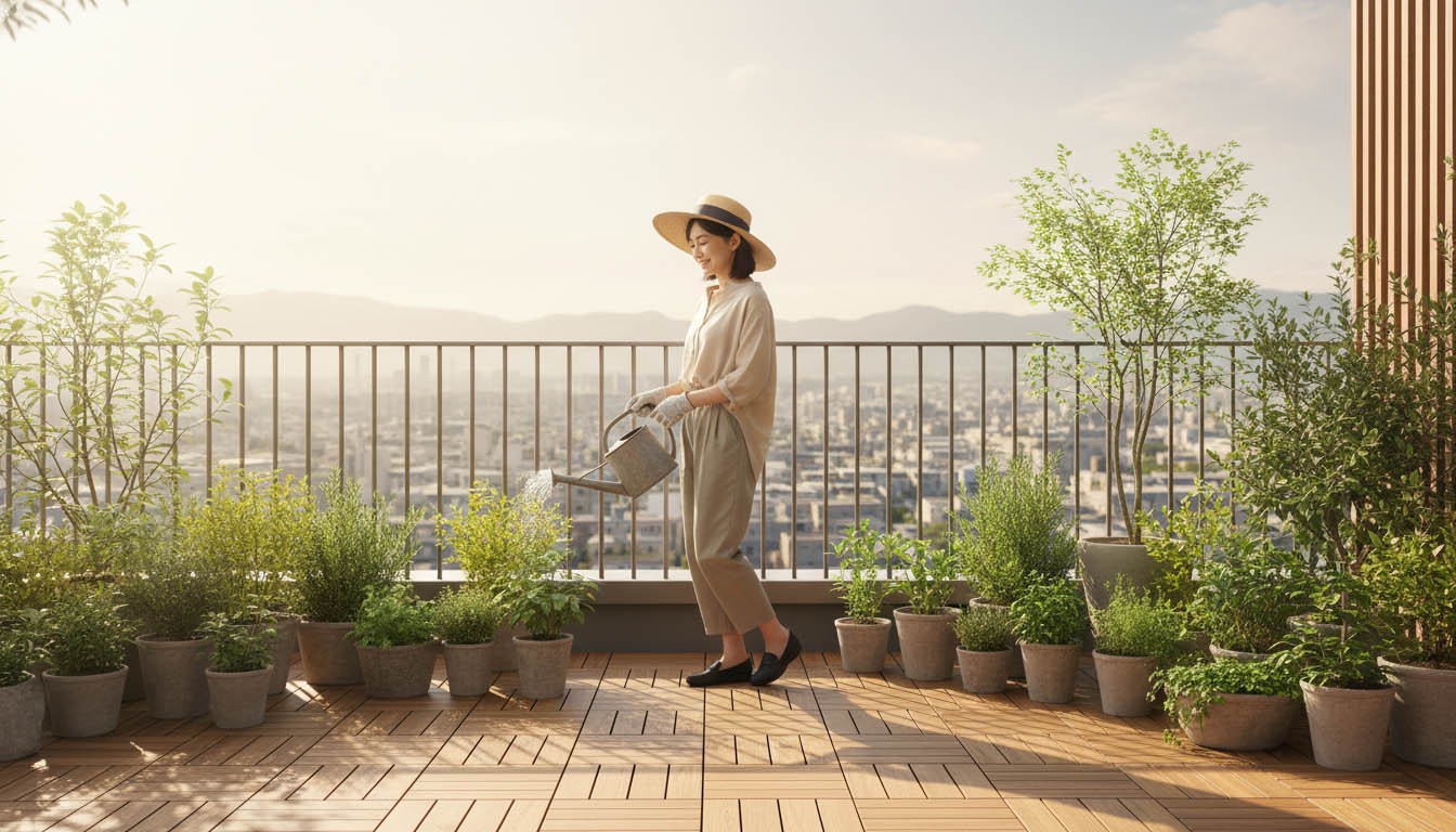 ウッドパネルが敷かれたルーフバルコニーで植物の手入れをする女性