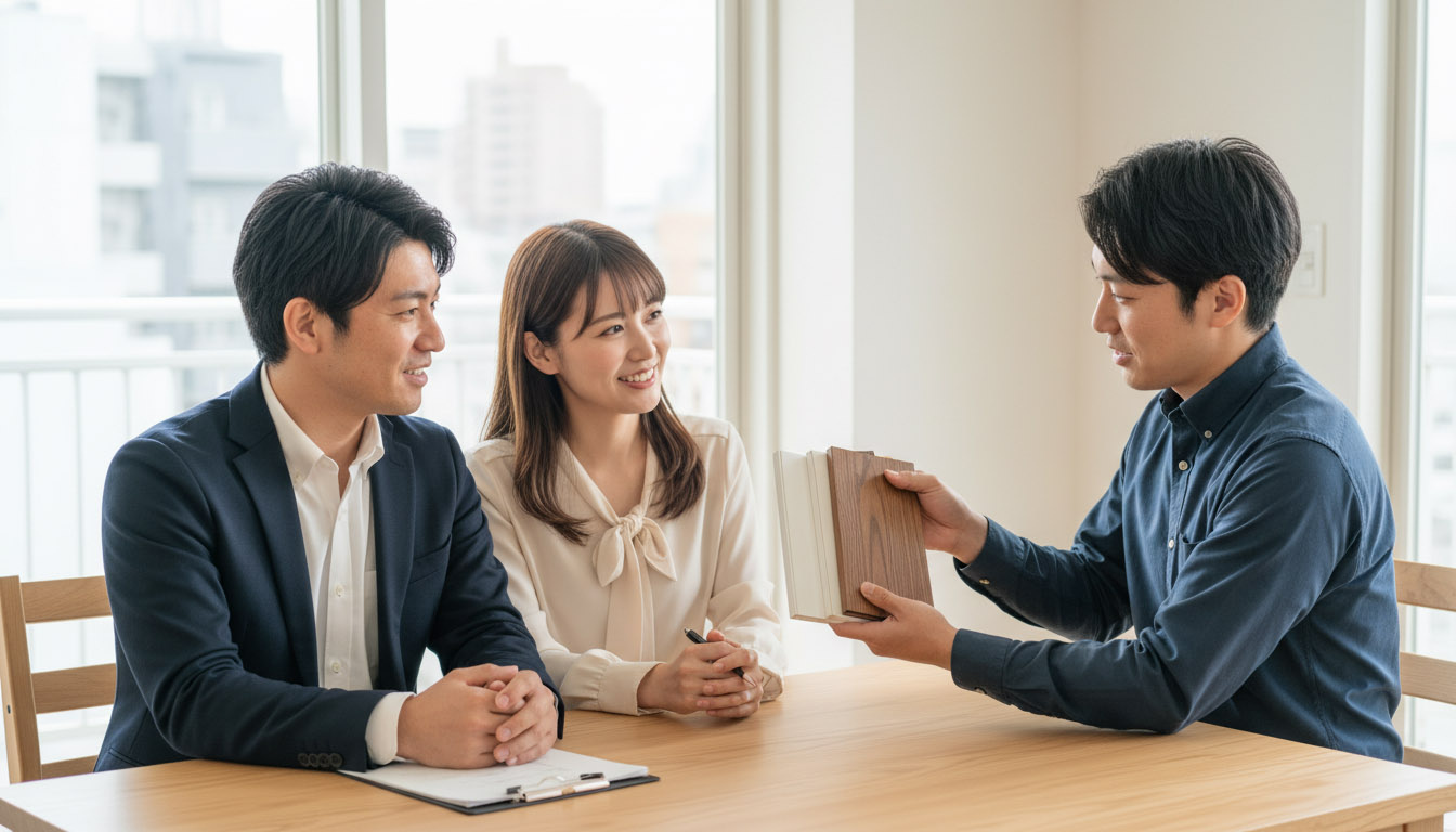 内窓のリノベーションについて建築担当者と打ち合わせる夫婦