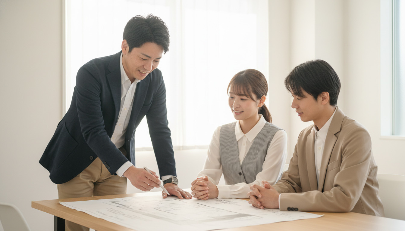 株式会社高翔の建築担当者が図面を見ながら災害対策について説明する様子