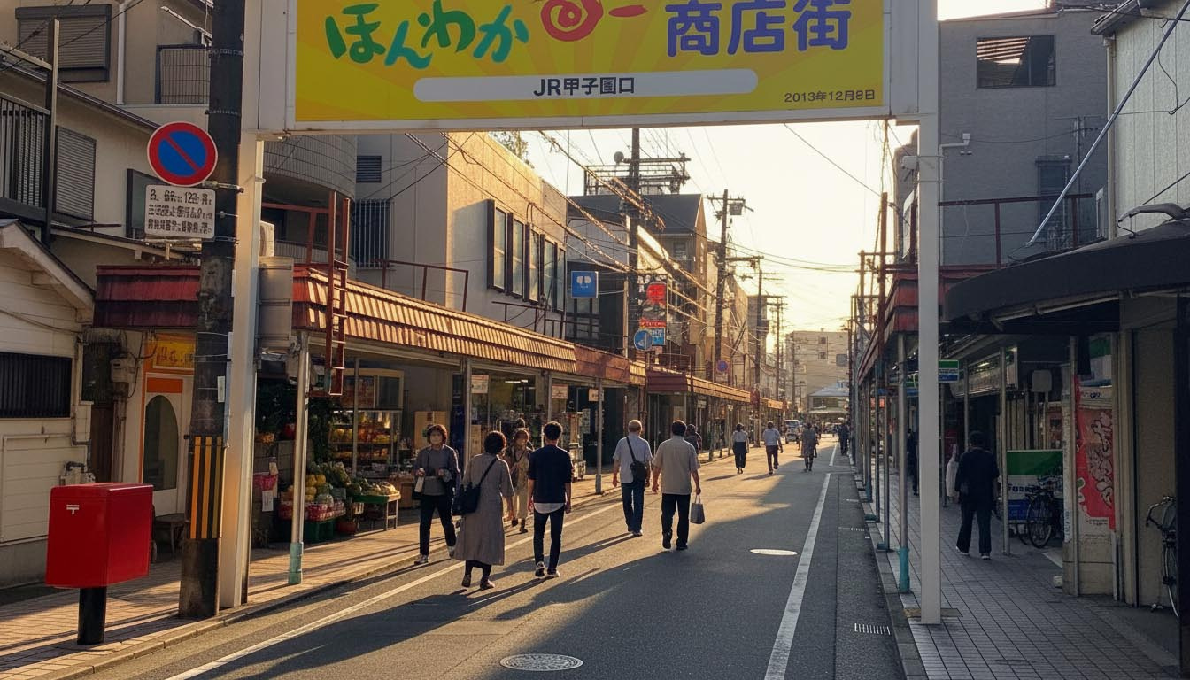 夕方のJR甲子園口ほんわか商店街で買い物をする人々