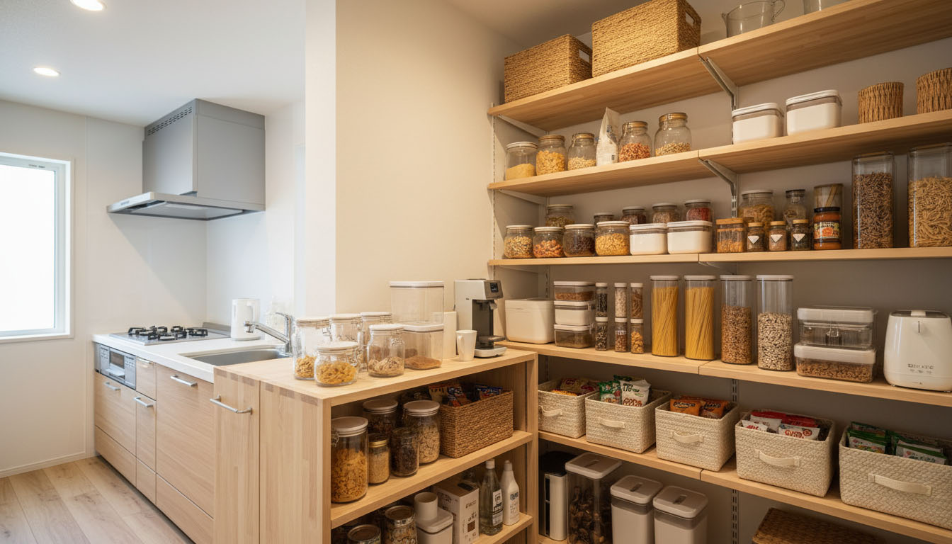 商店街で買った食材をたっぷり収納できる使い勝手の良い大容量パントリー