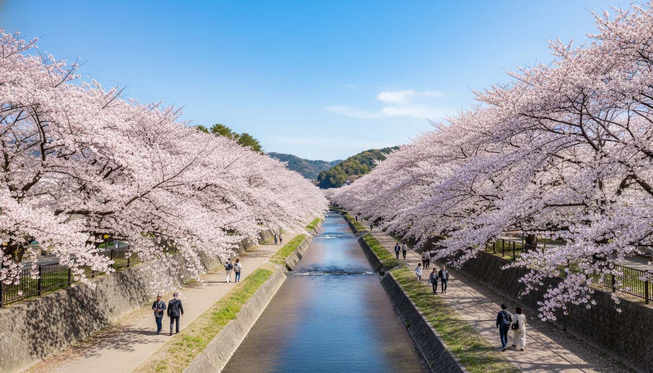 春には満開の桜が咲き誇る夙川オアシスロードの風景