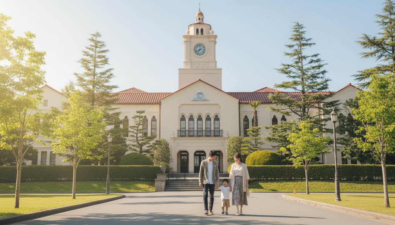 関西学院大学周辺の美しい時計台と緑豊かな街並みを歩く家族