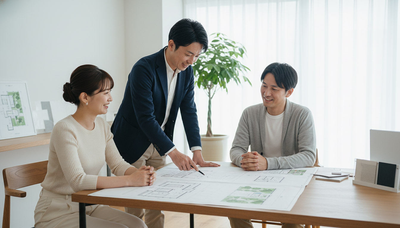高翔の建築担当者と広い庭を活用した間取りプランを相談する様子