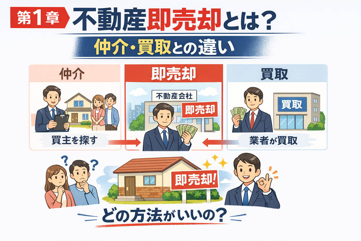 不動産即売却と仲介と買取の違いを比較するイメージ画像