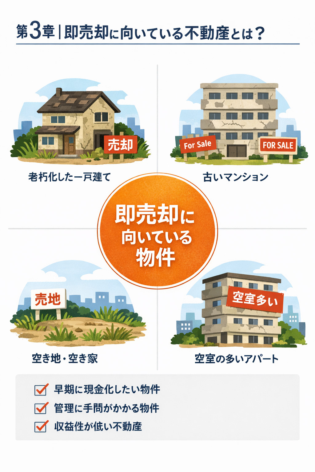 不動産即売却に向いている物件の種類を表すイメージ画像