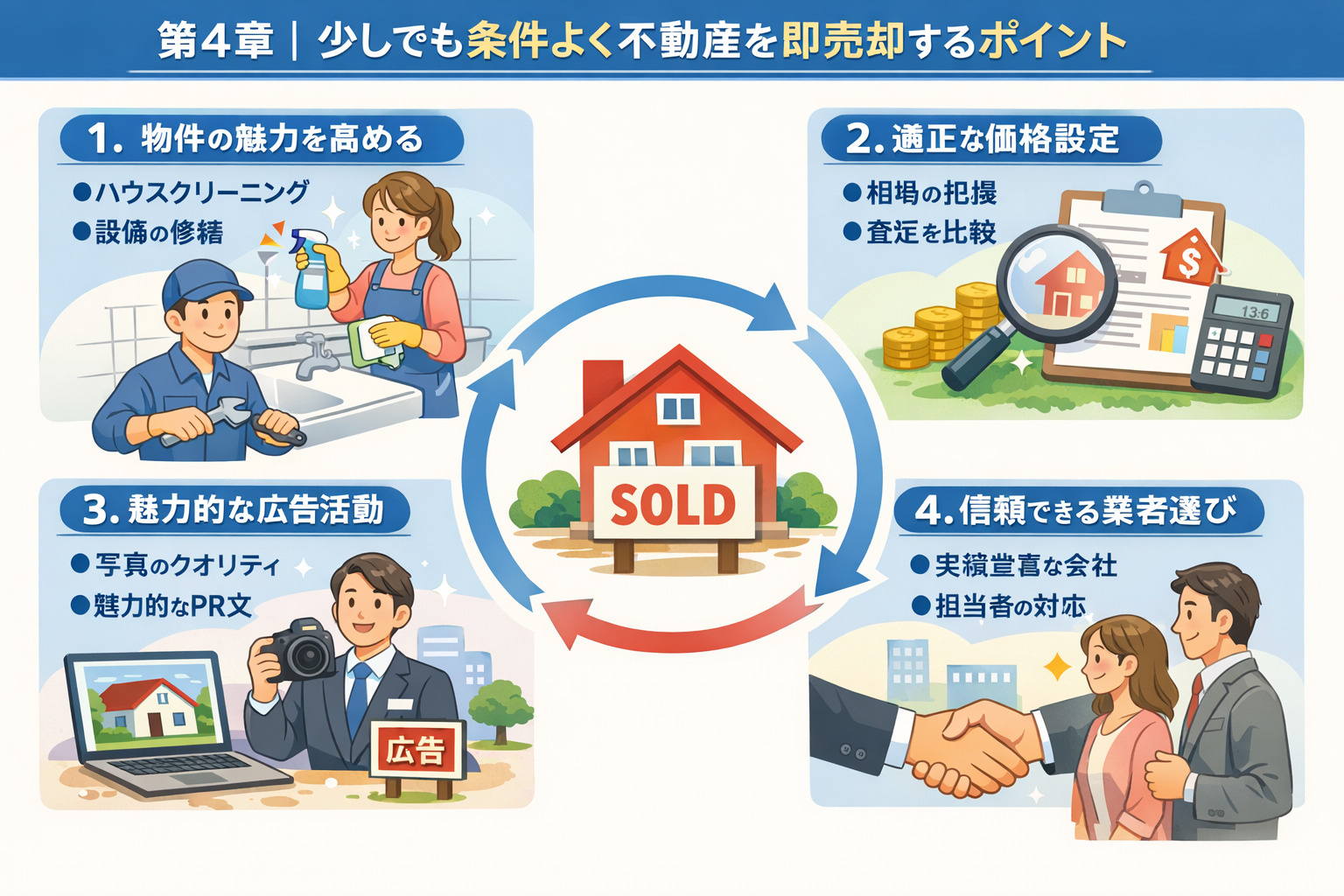 条件よく不動産を即売却するためのポイントを表すイメージ画像