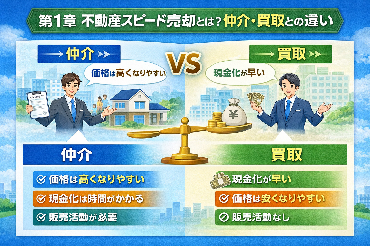 不動産スピード売却と仲介と買取の違いを比較するイメージ画像
